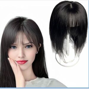 Natural Human Hair Toppers Middle Parting Straight w/Bangs (Black, 14 inch)